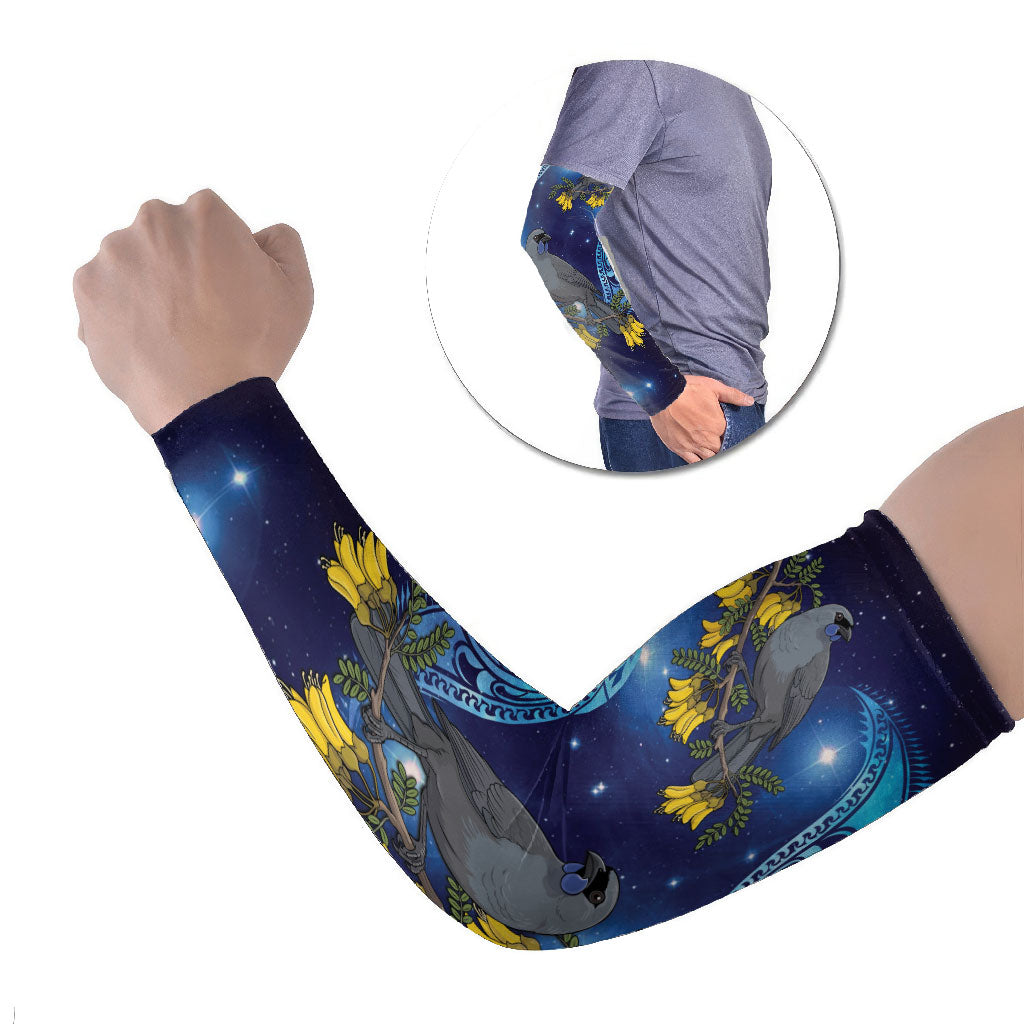 New Zealand Kokako Bird Arm Sleeves Kowhai Galaxy Style Polynesian Pattern LT22 Set of 2 Blue - Polynesian Pride