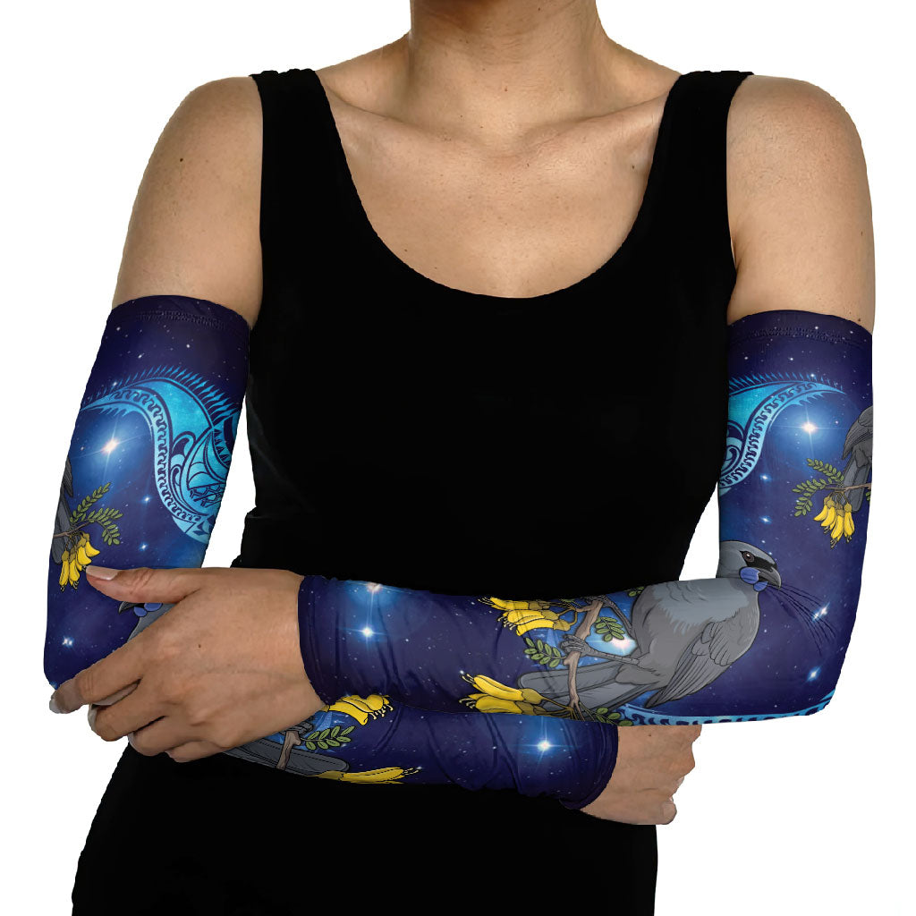 New Zealand Kokako Bird Arm Sleeves Kowhai Galaxy Style Polynesian Pattern