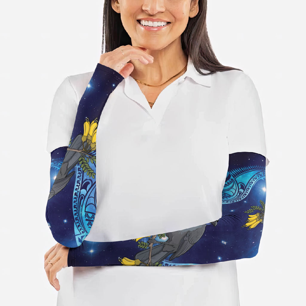 New Zealand Kokako Bird Arm Sleeves Kowhai Galaxy Style Polynesian Pattern