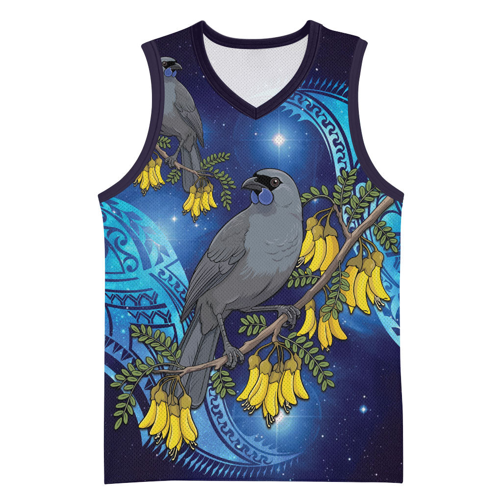 New Zealand Kokako Bird Basketball Jersey Kowhai Galaxy Style Polynesian Pattern LT22 Unisex Blue - Polynesian Pride