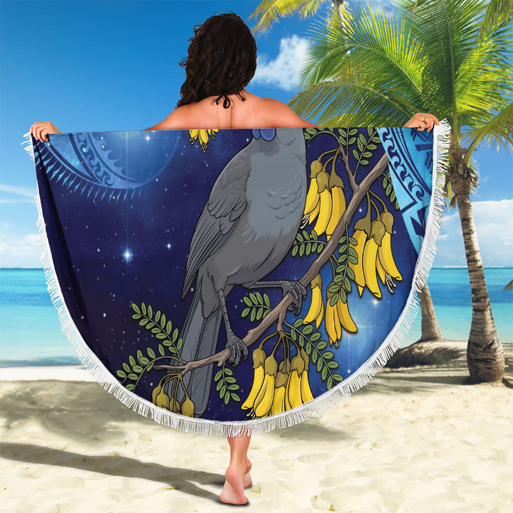 New Zealand Kokako Bird Beach Blanket Kowhai Galaxy Style Polynesian Pattern