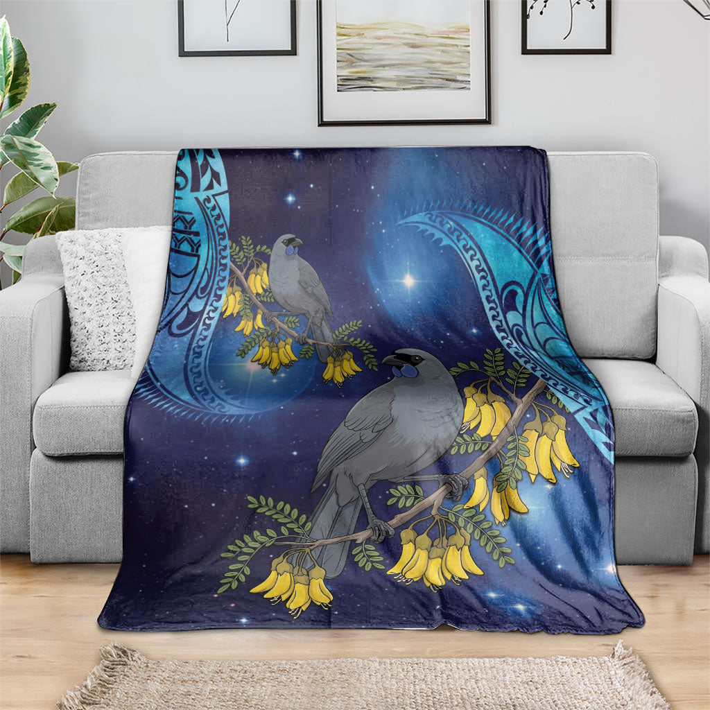 New Zealand Kokako Bird Blanket Kowhai Galaxy Style Polynesian Pattern