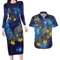 New Zealand Kokako Bird Couples Matching Long Sleeve Bodycon Dress and Hawaiian Shirt Kowhai Galaxy Style Polynesian Pattern