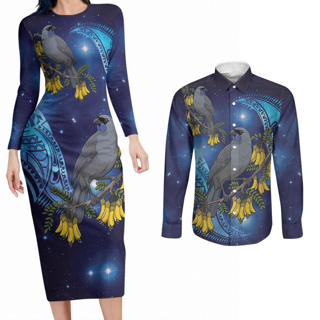 New Zealand Kokako Bird Couples Matching Long Sleeve Bodycon Dress and Long Sleeve Button Shirt Kowhai Galaxy Style Polynesian Pattern LT22 Blue - Polynesian Pride
