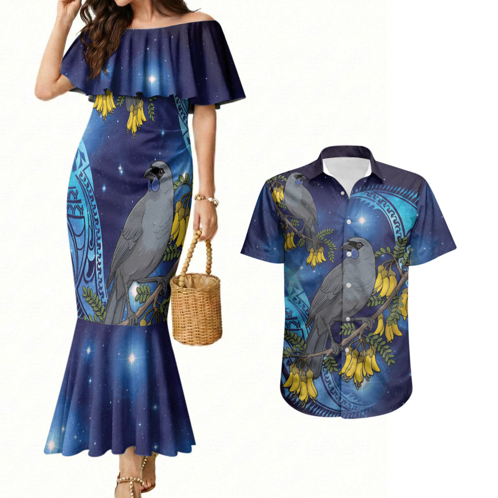 New Zealand Kokako Bird Couples Matching Mermaid Dress and Hawaiian Shirt Kowhai Galaxy Style Polynesian Pattern LT22 Blue - Polynesian Pride