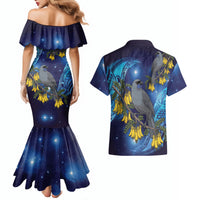 New Zealand Kokako Bird Couples Matching Mermaid Dress and Hawaiian Shirt Kowhai Galaxy Style Polynesian Pattern