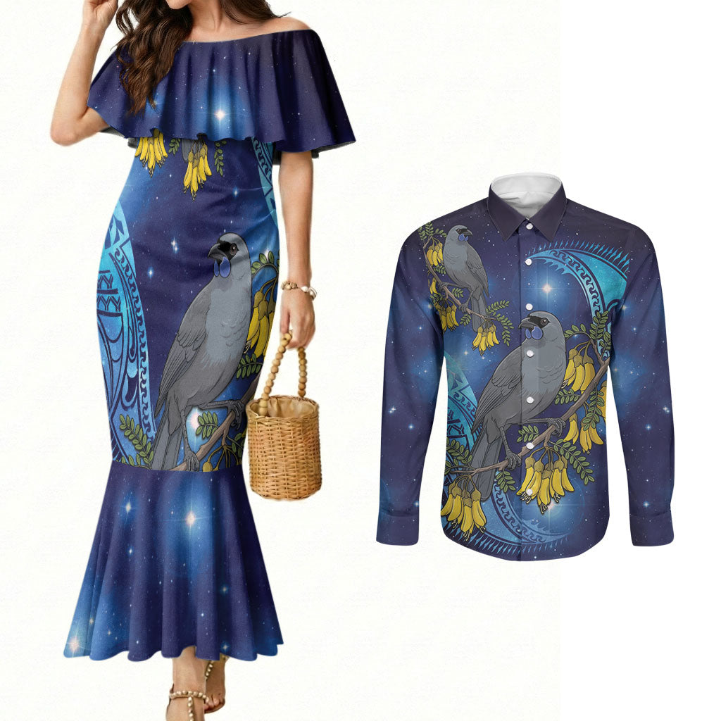 New Zealand Kokako Bird Couples Matching Mermaid Dress and Long Sleeve Button Shirt Kowhai Galaxy Style Polynesian Pattern LT22 Blue - Polynesian Pride