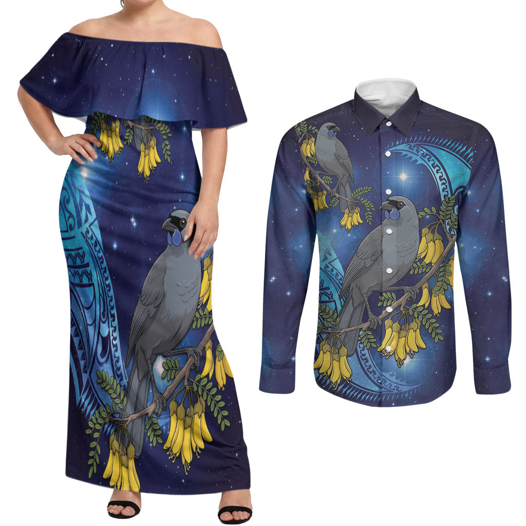 New Zealand Kokako Bird Couples Matching Off Shoulder Maxi Dress and Long Sleeve Button Shirt Kowhai Galaxy Style Polynesian Pattern LT22 Blue - Polynesian Pride