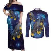 New Zealand Kokako Bird Couples Matching Off Shoulder Maxi Dress and Long Sleeve Button Shirt Kowhai Galaxy Style Polynesian Pattern