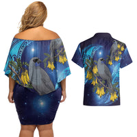 New Zealand Kokako Bird Couples Matching Off Shoulder Short Dress and Hawaiian Shirt Kowhai Galaxy Style Polynesian Pattern