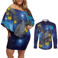 New Zealand Kokako Bird Couples Matching Off Shoulder Short Dress and Long Sleeve Button Shirt Kowhai Galaxy Style Polynesian Pattern