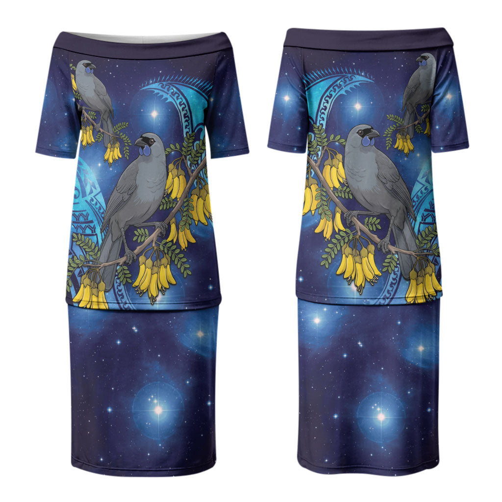 New Zealand Kokako Bird Couples Matching Puletasi and Long Sleeve Button Shirt Kowhai Galaxy Style Polynesian Pattern LT22 - Polynesian Pride