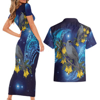New Zealand Kokako Bird Couples Matching Short Sleeve Bodycon Dress and Hawaiian Shirt Kowhai Galaxy Style Polynesian Pattern