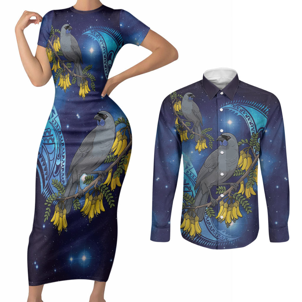New Zealand Kokako Bird Couples Matching Short Sleeve Bodycon Dress and Long Sleeve Button Shirt Kowhai Galaxy Style Polynesian Pattern LT22 Blue - Polynesian Pride