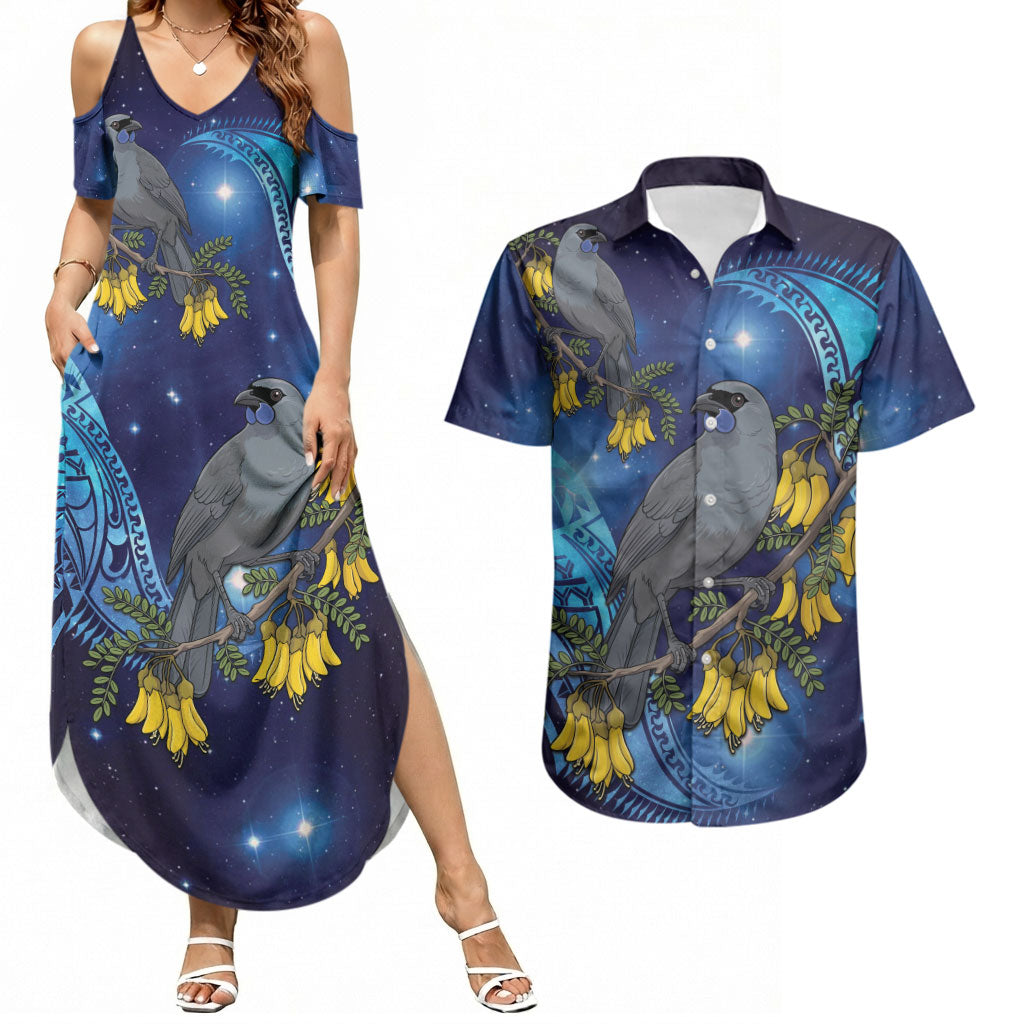New Zealand Kokako Bird Couples Matching Summer Maxi Dress and Hawaiian Shirt Kowhai Galaxy Style Polynesian Pattern LT22 Blue - Polynesian Pride