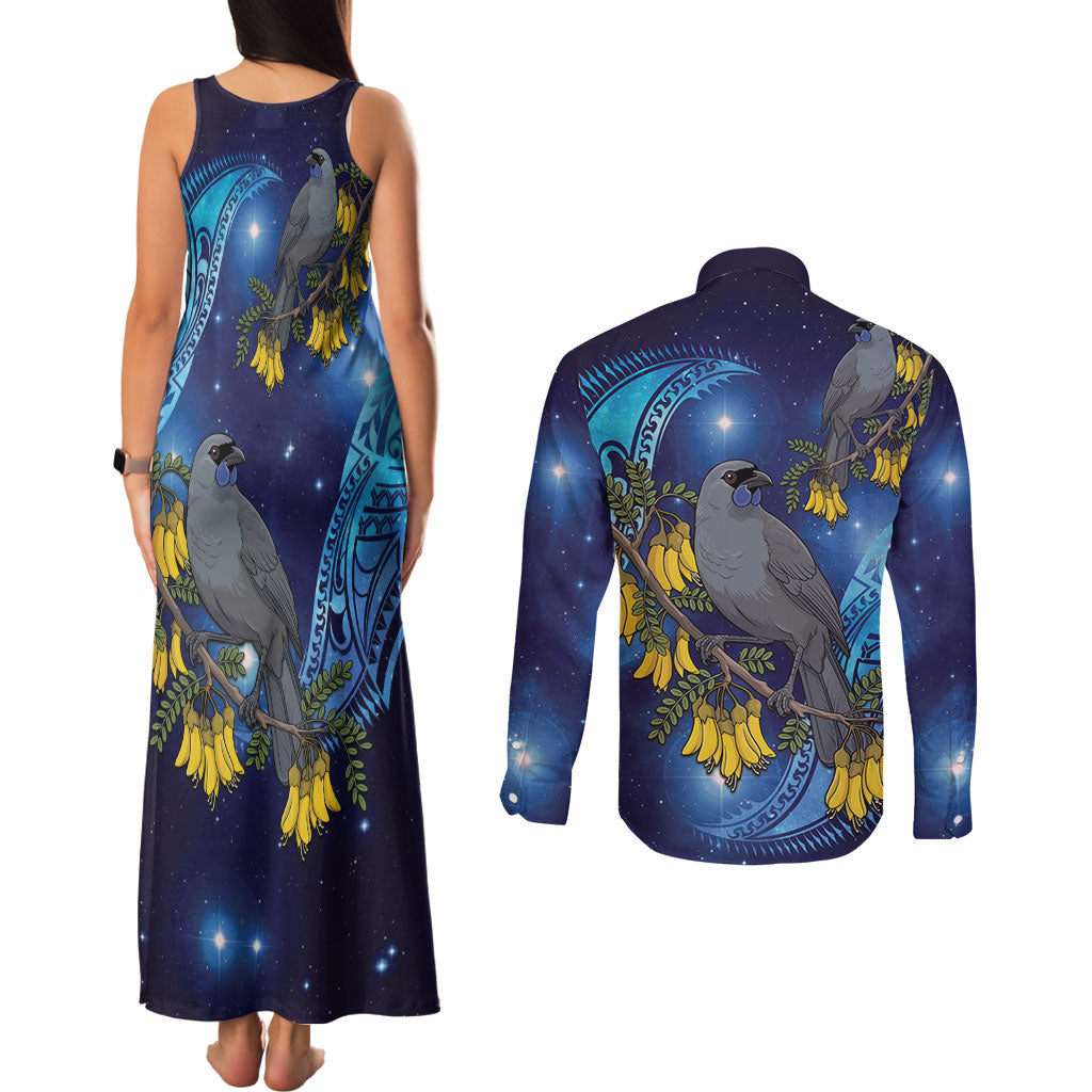 New Zealand Kokako Bird Couples Matching Tank Maxi Dress and Long Sleeve Button Shirt Kowhai Galaxy Style Polynesian Pattern
