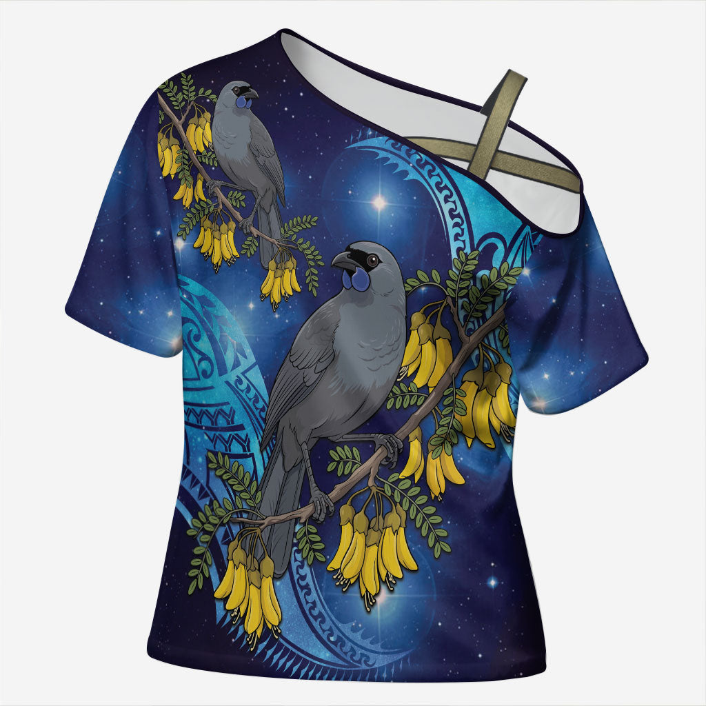 New Zealand Kokako Bird Cross Shoulder Shirt Kowhai Galaxy Style Polynesian Pattern LT22 Female Blue - Polynesian Pride