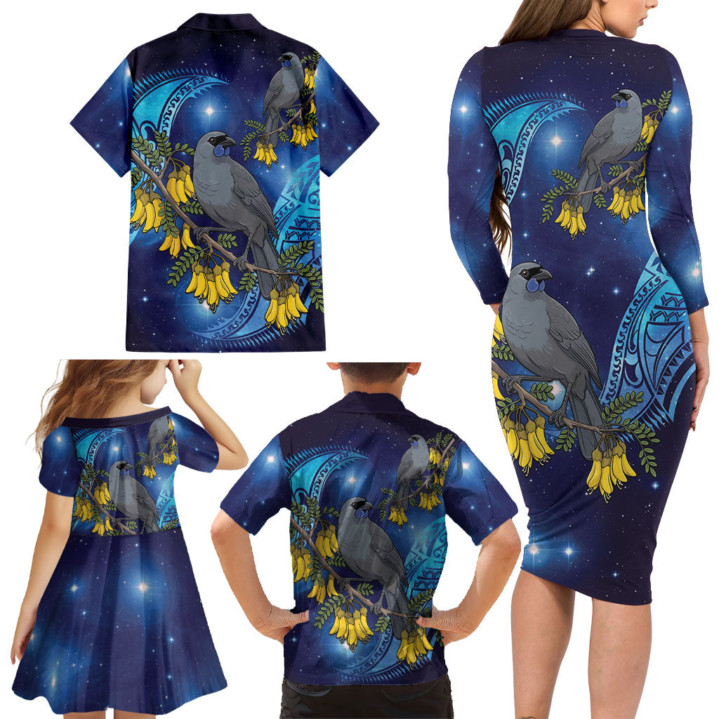 New Zealand Kokako Bird Family Matching Long Sleeve Bodycon Dress and Hawaiian Shirt Kowhai Galaxy Style Polynesian Pattern