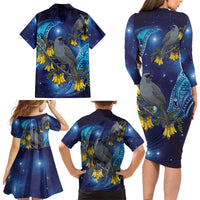 New Zealand Kokako Bird Family Matching Long Sleeve Bodycon Dress and Hawaiian Shirt Kowhai Galaxy Style Polynesian Pattern