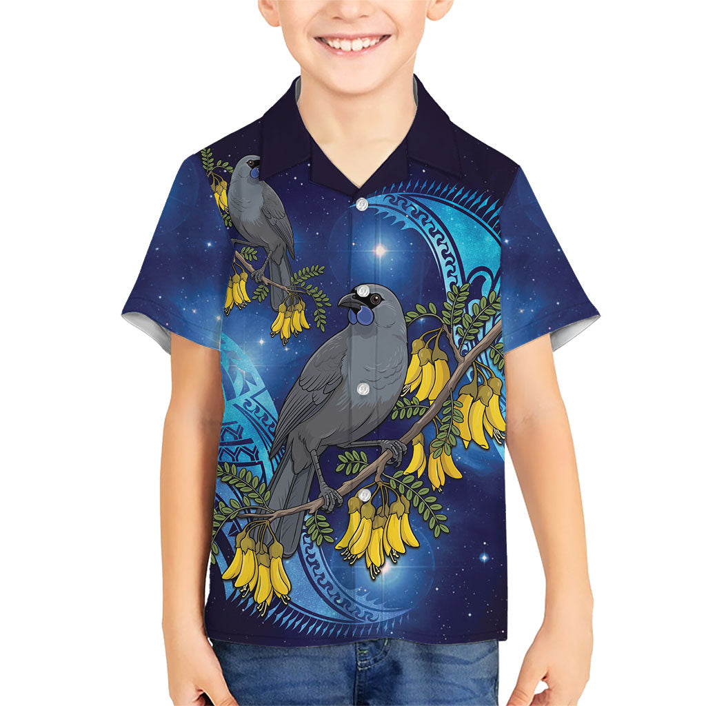 New Zealand Kokako Bird Family Matching Off Shoulder Maxi Dress and Hawaiian Shirt Kowhai Galaxy Style Polynesian Pattern