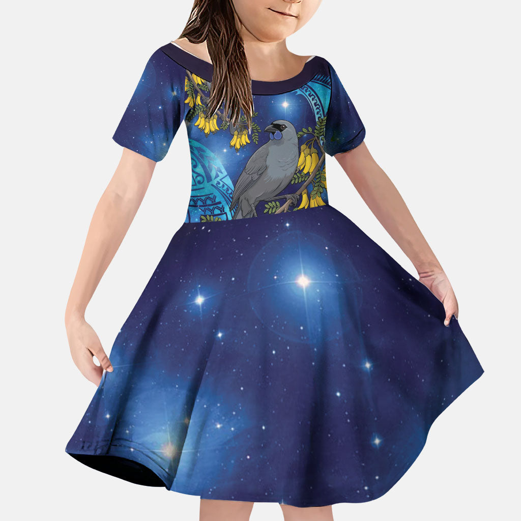 New Zealand Kokako Bird Family Matching Off Shoulder Short Dress and Hawaiian Shirt Kowhai Galaxy Style Polynesian Pattern