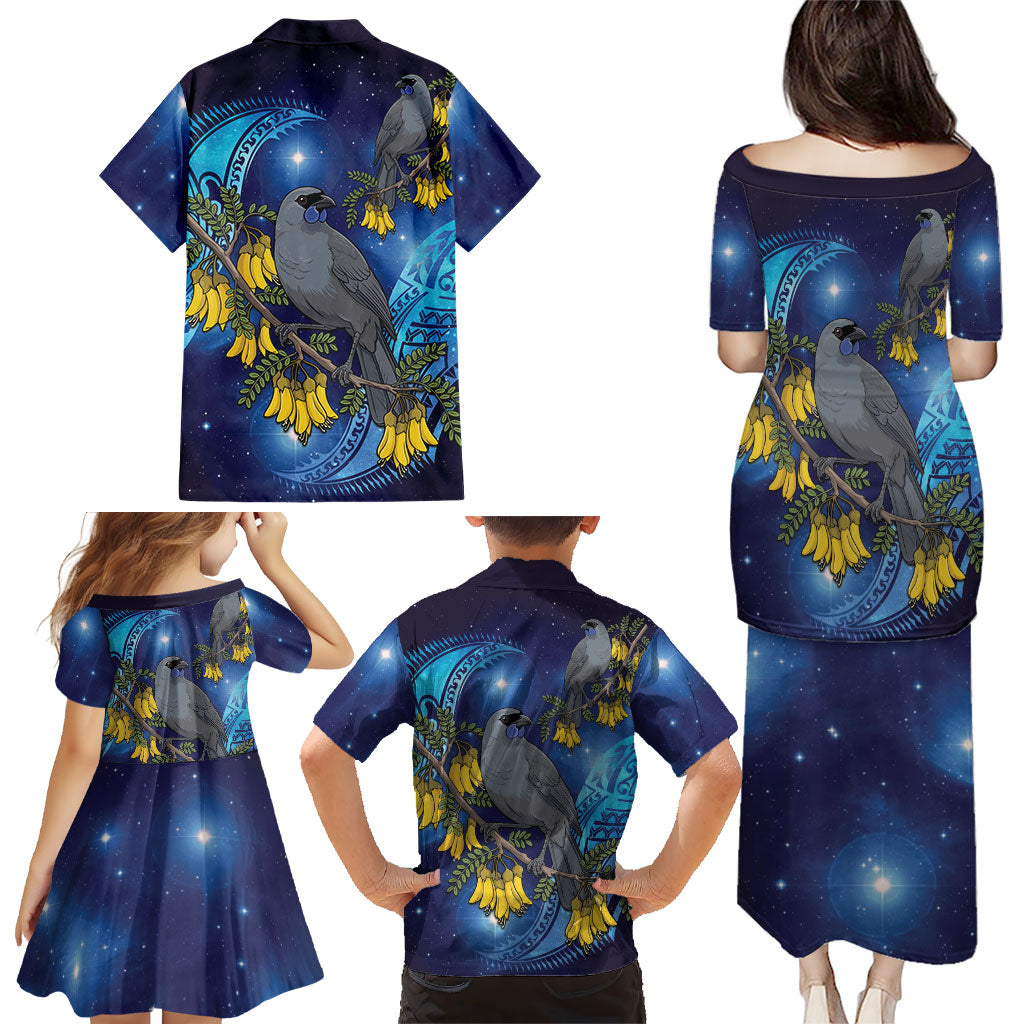 New Zealand Kokako Bird Family Matching Puletasi and Hawaiian Shirt Kowhai Galaxy Style Polynesian Pattern