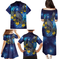 New Zealand Kokako Bird Family Matching Puletasi and Hawaiian Shirt Kowhai Galaxy Style Polynesian Pattern