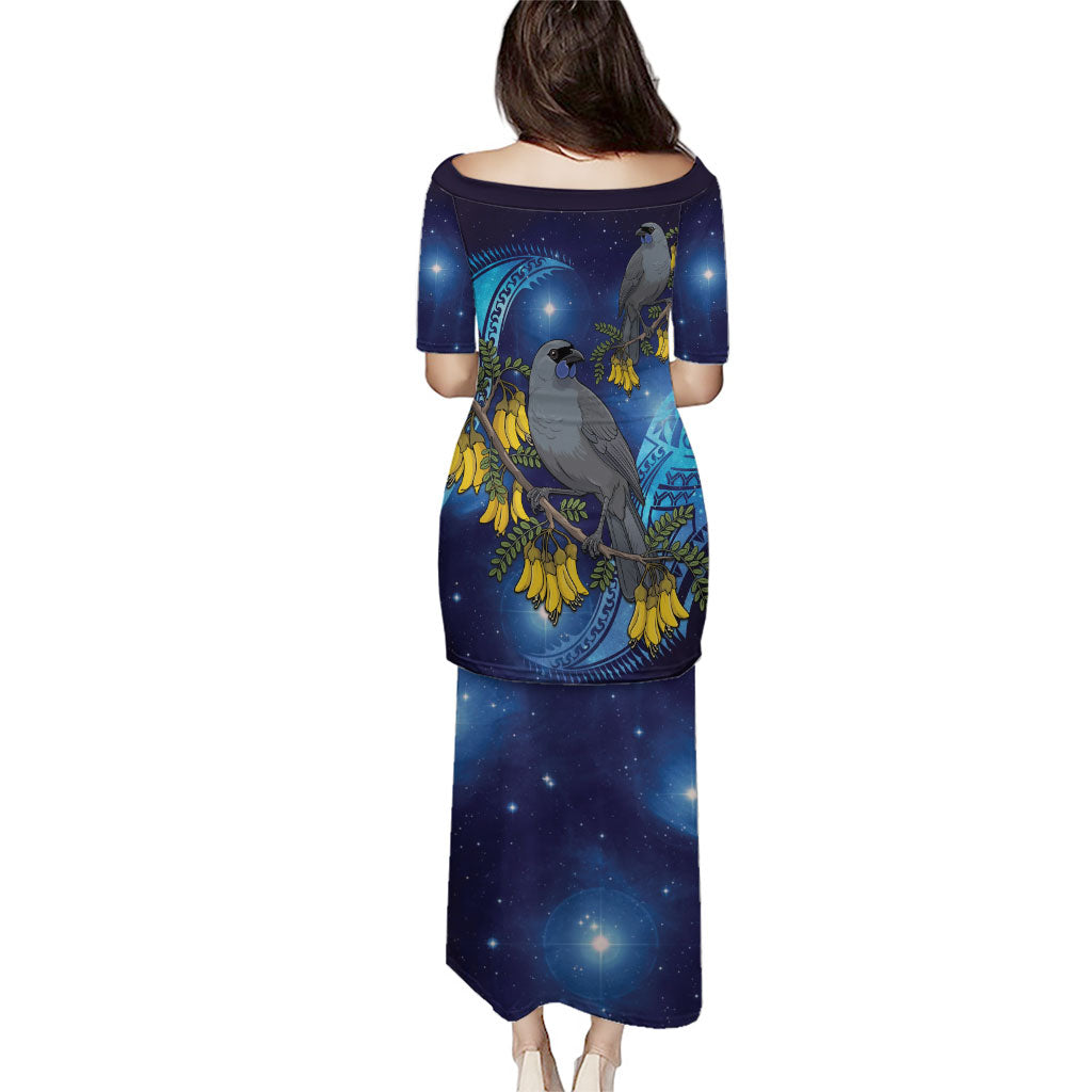 New Zealand Kokako Bird Family Matching Puletasi and Hawaiian Shirt Kowhai Galaxy Style Polynesian Pattern
