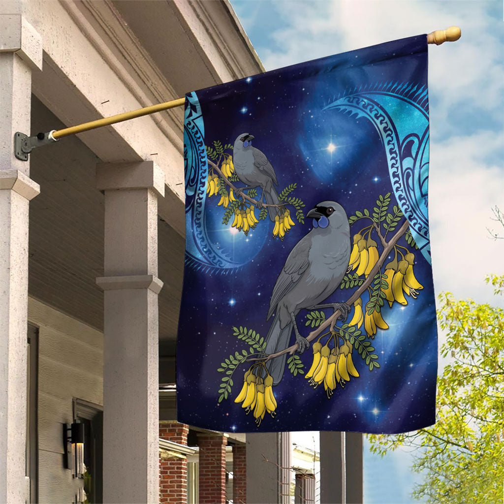 New Zealand Kokako Bird Garden Flag Kowhai Galaxy Style Polynesian Pattern LT22 House Flag Blue - Polynesian Pride