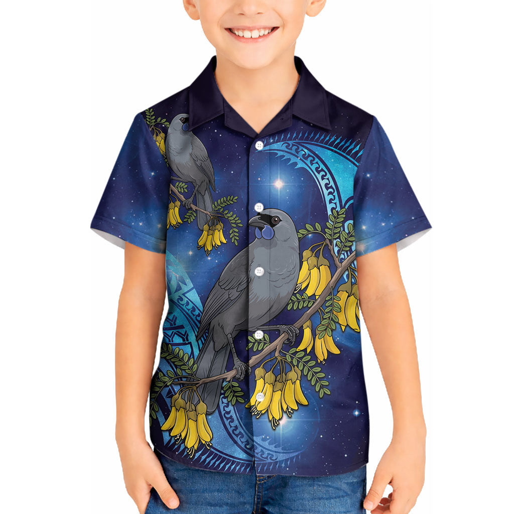 New Zealand Kokako Bird Kid Hawaiian Shirt Kowhai Galaxy Style Polynesian Pattern LT22 Kid Blue - Polynesian Pride