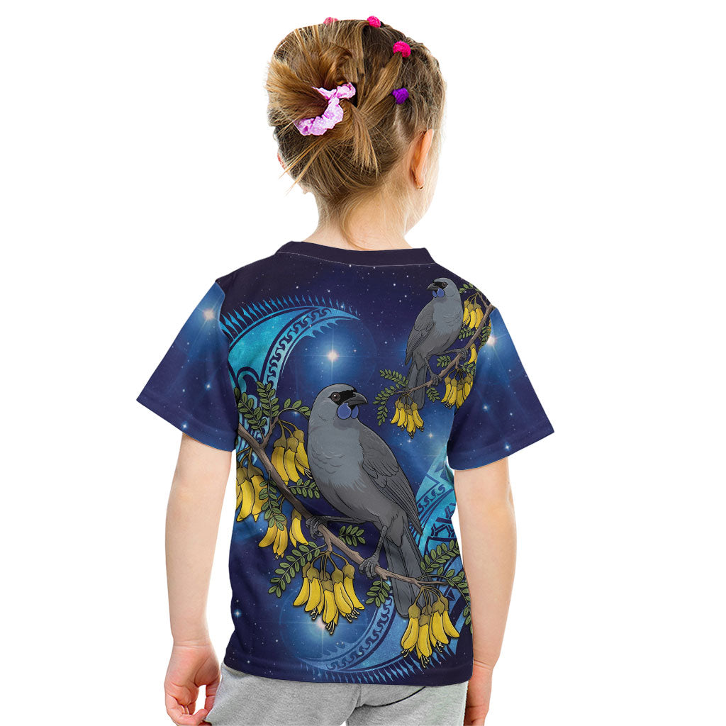 New Zealand Kokako Bird Kid T Shirt Kowhai Galaxy Style Polynesian Pattern
