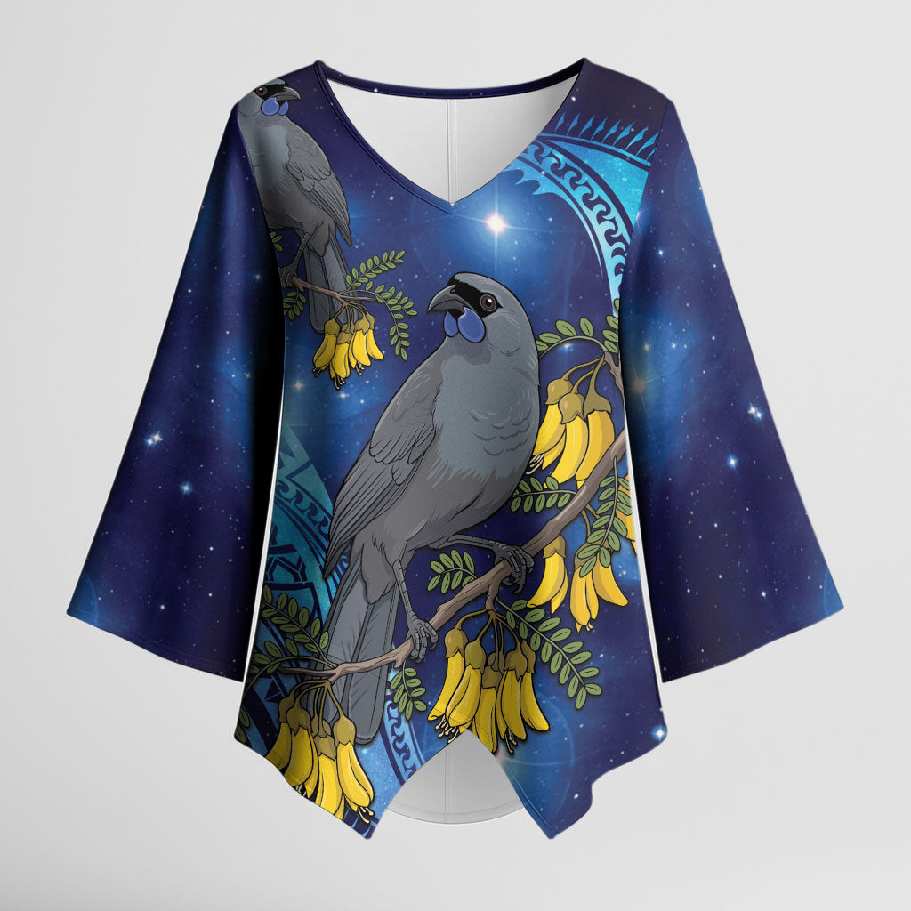 New Zealand Kokako Bird Kimono Sleeve Blouse Kowhai Galaxy Style Polynesian Pattern LT22 Female Blue - Polynesian Pride