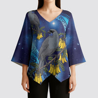 New Zealand Kokako Bird Kimono Sleeve Blouse Kowhai Galaxy Style Polynesian Pattern