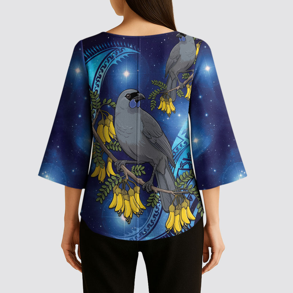 New Zealand Kokako Bird Kimono Sleeve Blouse Kowhai Galaxy Style Polynesian Pattern
