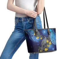 New Zealand Kokako Bird Leather Tote Bag Kowhai Galaxy Style Polynesian Pattern