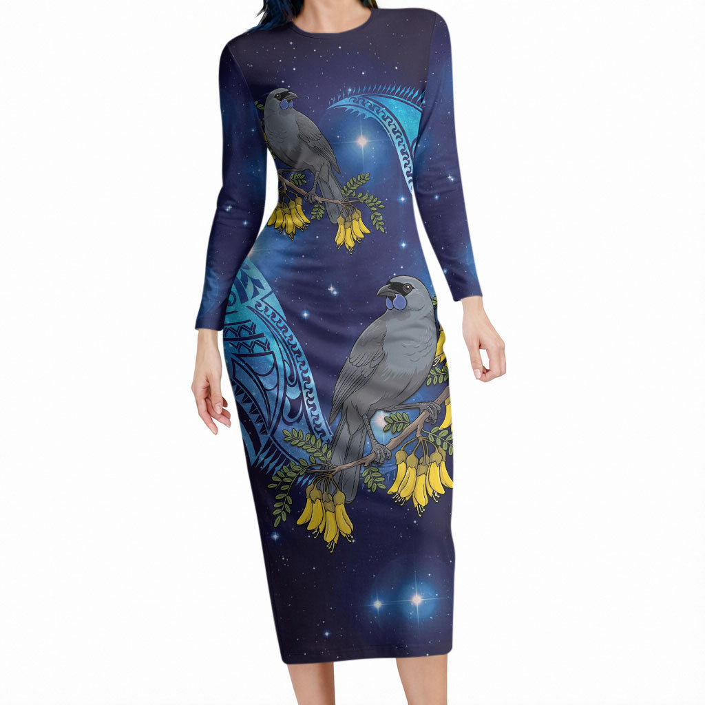 New Zealand Kokako Bird Long Sleeve Bodycon Dress Kowhai Galaxy Style Polynesian Pattern LT22 Long Dress Blue - Polynesian Pride