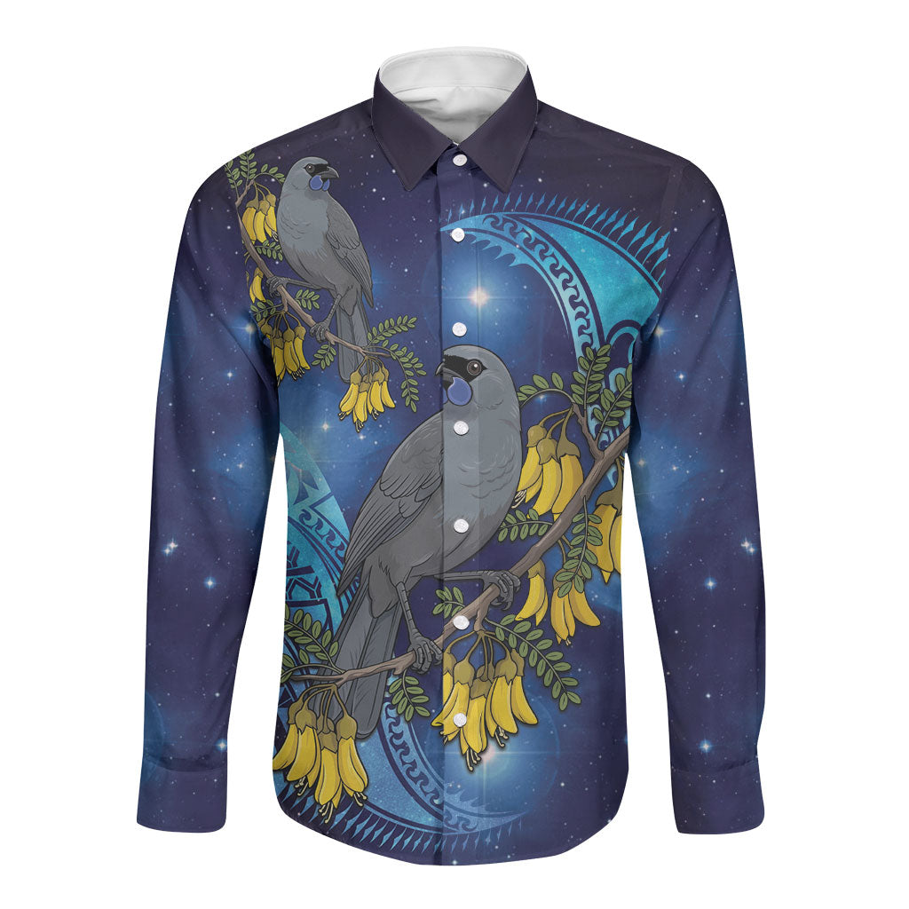 New Zealand Kokako Bird Long Sleeve Button Shirt Kowhai Galaxy Style Polynesian Pattern LT22 Unisex Blue - Polynesian Pride