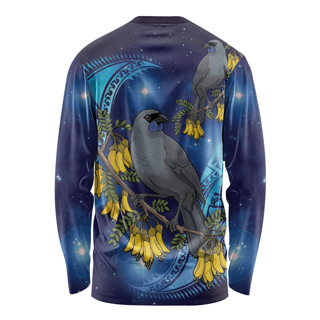 New Zealand Kokako Bird Long Sleeve Shirt Kowhai Galaxy Style Polynesian Pattern