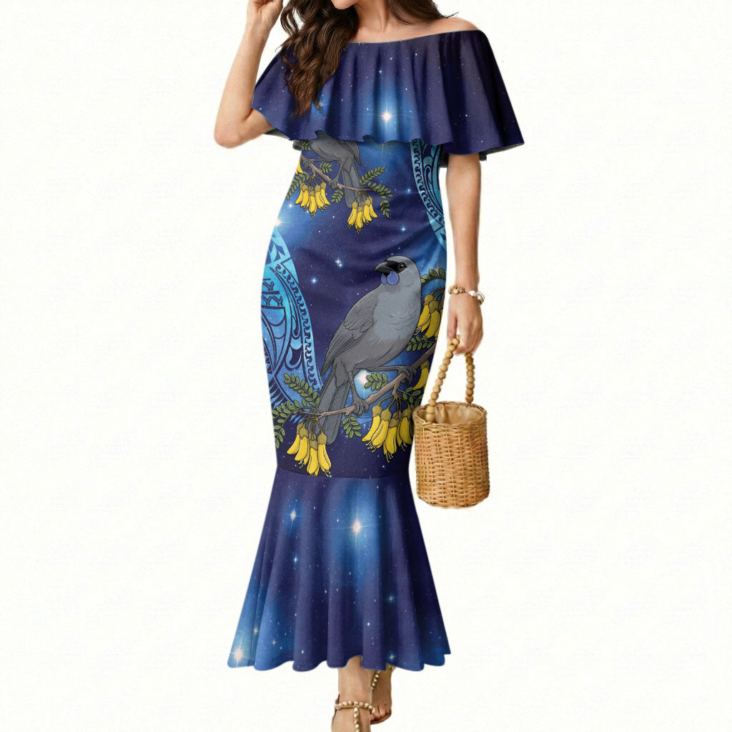 New Zealand Kokako Bird Mermaid Dress Kowhai Galaxy Style Polynesian Pattern LT22 Women Blue - Polynesian Pride