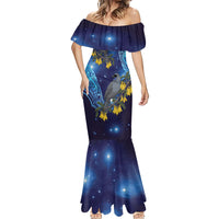 New Zealand Kokako Bird Mermaid Dress Kowhai Galaxy Style Polynesian Pattern