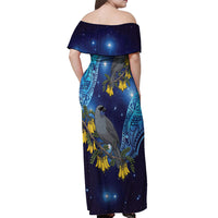 New Zealand Kokako Bird Off Shoulder Maxi Dress Kowhai Galaxy Style Polynesian Pattern