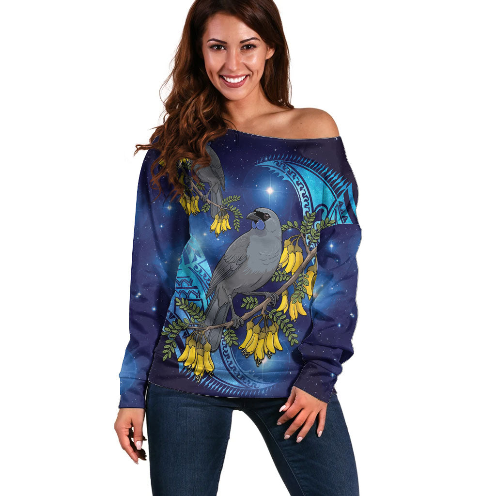 New Zealand Kokako Bird Off Shoulder Sweater Kowhai Galaxy Style Polynesian Pattern LT22 Women Blue - Polynesian Pride