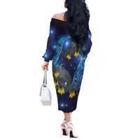 New Zealand Kokako Bird Off The Shoulder Long Sleeve Dress Kowhai Galaxy Style Polynesian Pattern