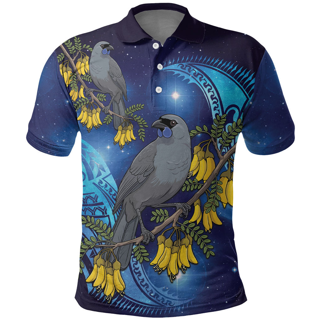 New Zealand Kokako Bird Polo Shirt Kowhai Galaxy Style Polynesian Pattern LT22 Blue - Polynesian Pride