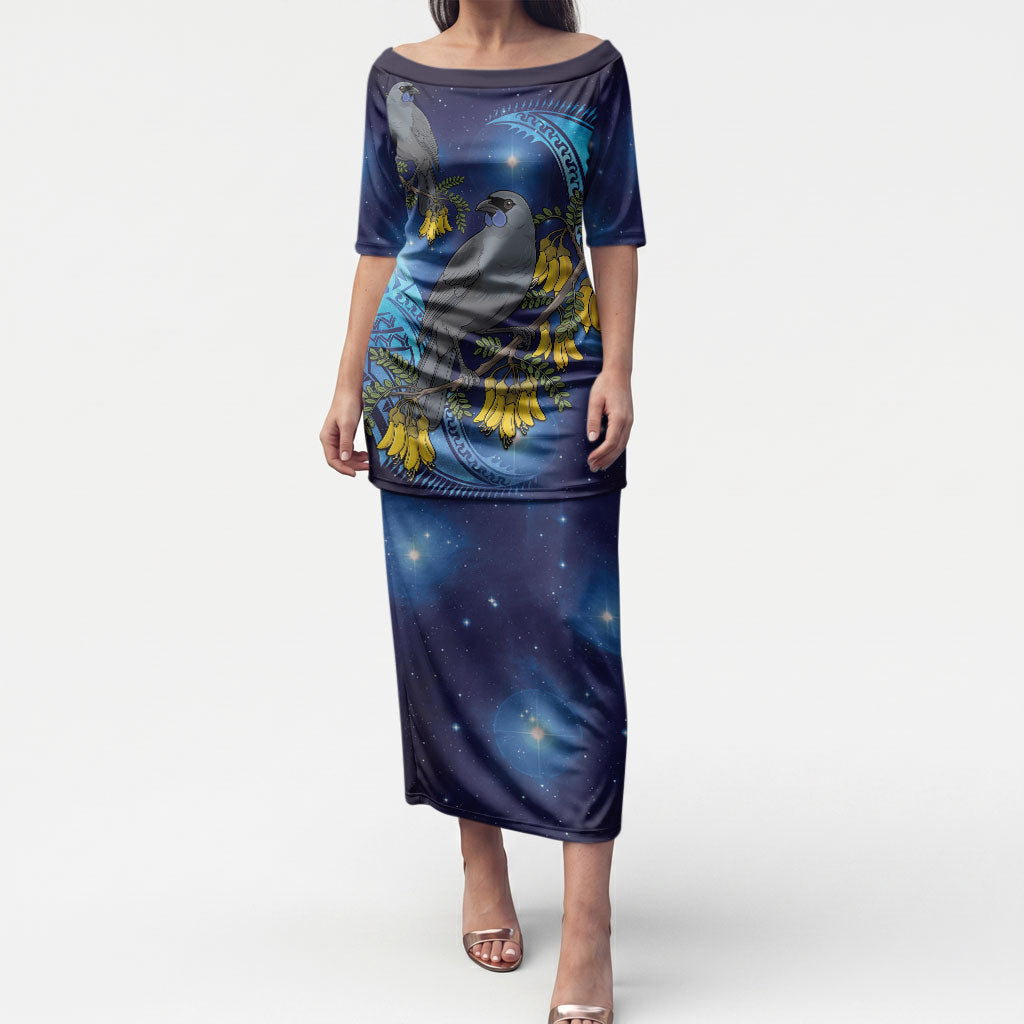 New Zealand Kokako Bird Puletasi Kowhai Galaxy Style Polynesian Pattern LT22 Long Dress Blue - Polynesian Pride