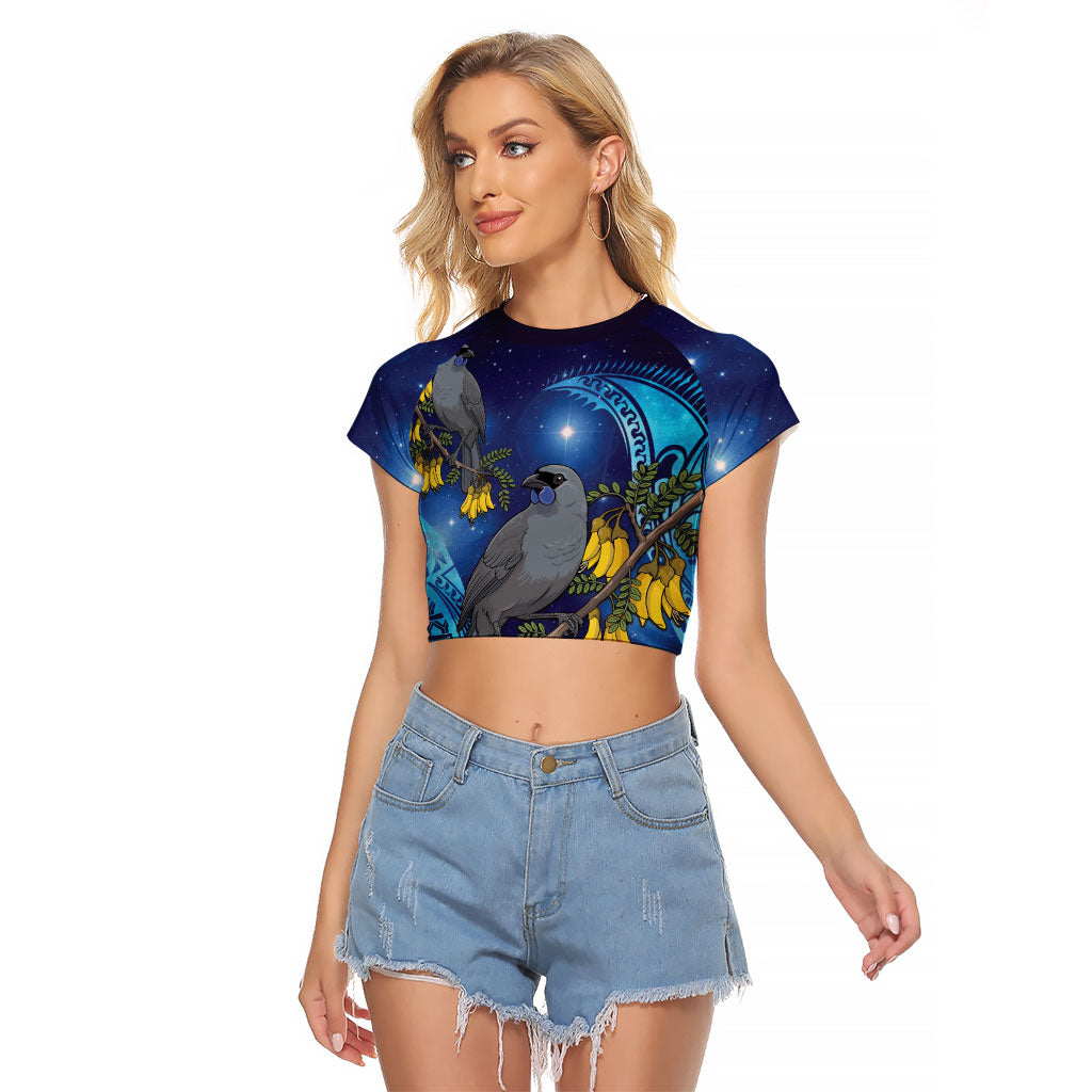 New Zealand Kokako Bird Raglan Cropped T Shirt Kowhai Galaxy Style Polynesian Pattern LT22 Female Blue - Polynesian Pride