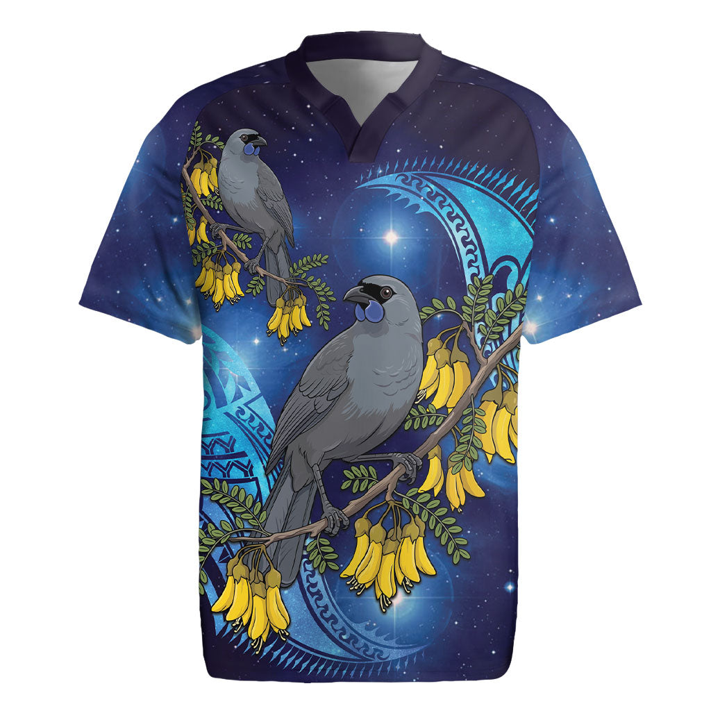 New Zealand Kokako Bird Rugby Jersey Kowhai Galaxy Style Polynesian Pattern LT22 Blue - Polynesian Pride