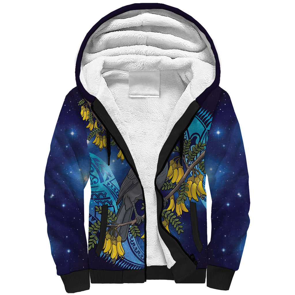 New Zealand Kokako Bird Sherpa Hoodie Kowhai Galaxy Style Polynesian Pattern LT22 Unisex Blue - Polynesian Pride