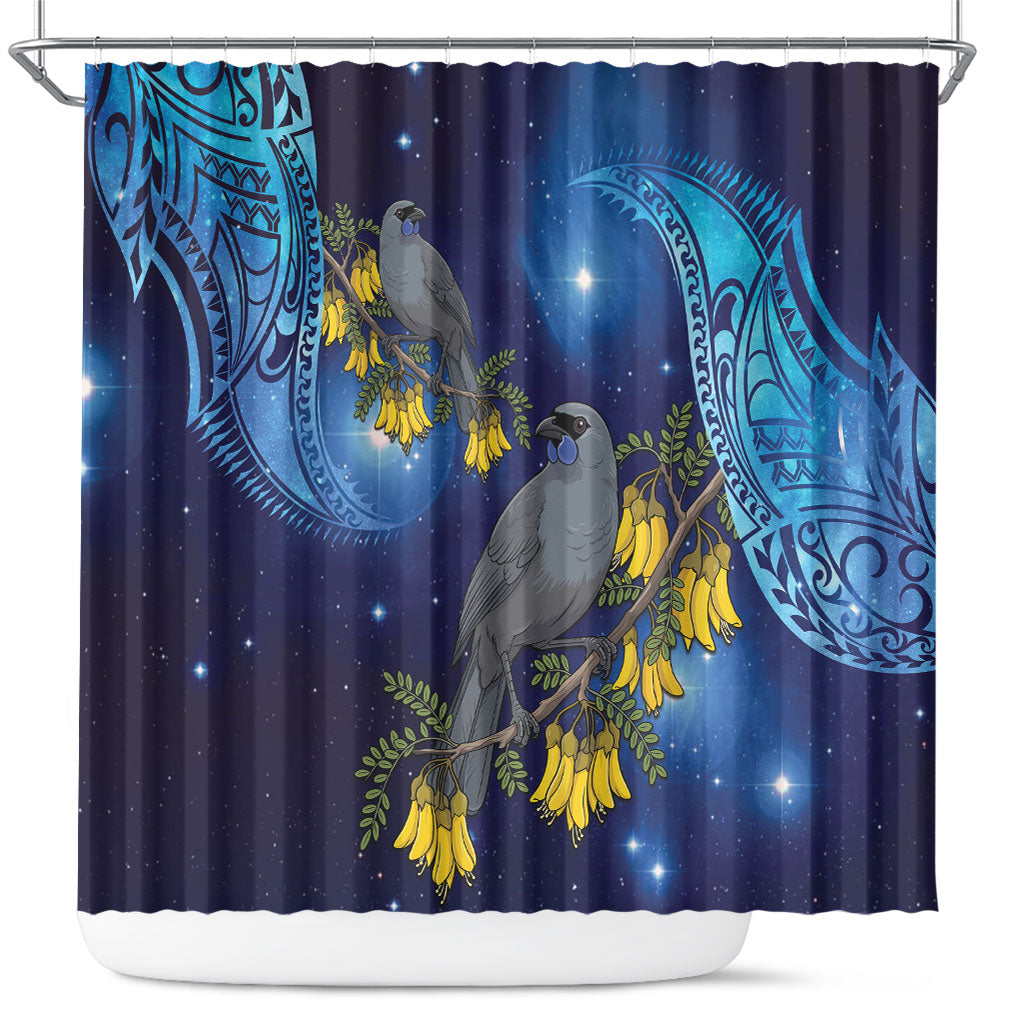 New Zealand Kokako Bird Shower Curtain Kowhai Galaxy Style Polynesian Pattern LT22 Blue - Polynesian Pride