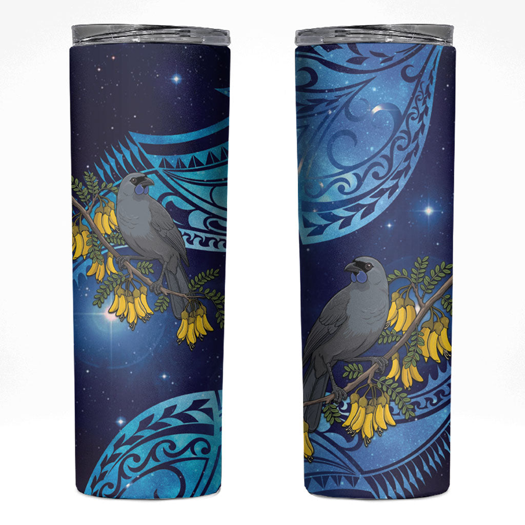 New Zealand Kokako Bird Skinny Tumbler Kowhai Galaxy Style Polynesian Pattern LT22 Blue - Polynesian Pride